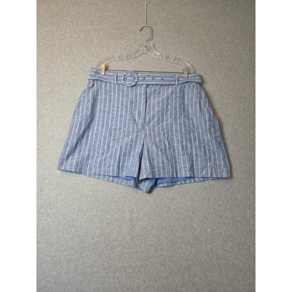 NWT Nine West Linen Blend Blue Striped High Rise Belted Shorts Women's Plus XXL